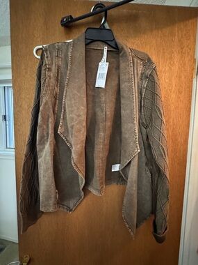 Leo & Nicole Washed Brown Draped Open-Front Cardigan